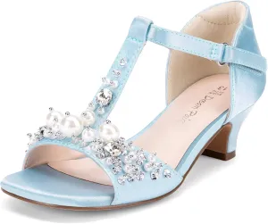 DREAM PAIRS Girls Sandals Ankle Strap T-Strap Low Heel Pearl Bow Flower Pump Dress Wedding Party Shoes for Little Kid/Big Kid