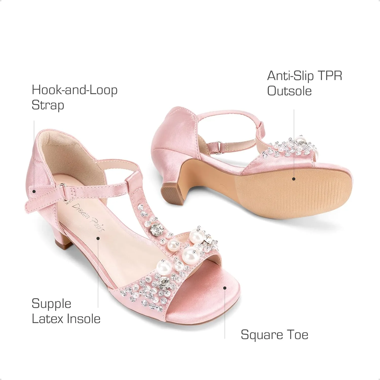 DREAM PAIRS Girls Sandals Ankle Strap T-Strap Low Heel Pearl Bow Flower Pump Dress Wedding Party Shoes for Little Kid/Big Kid