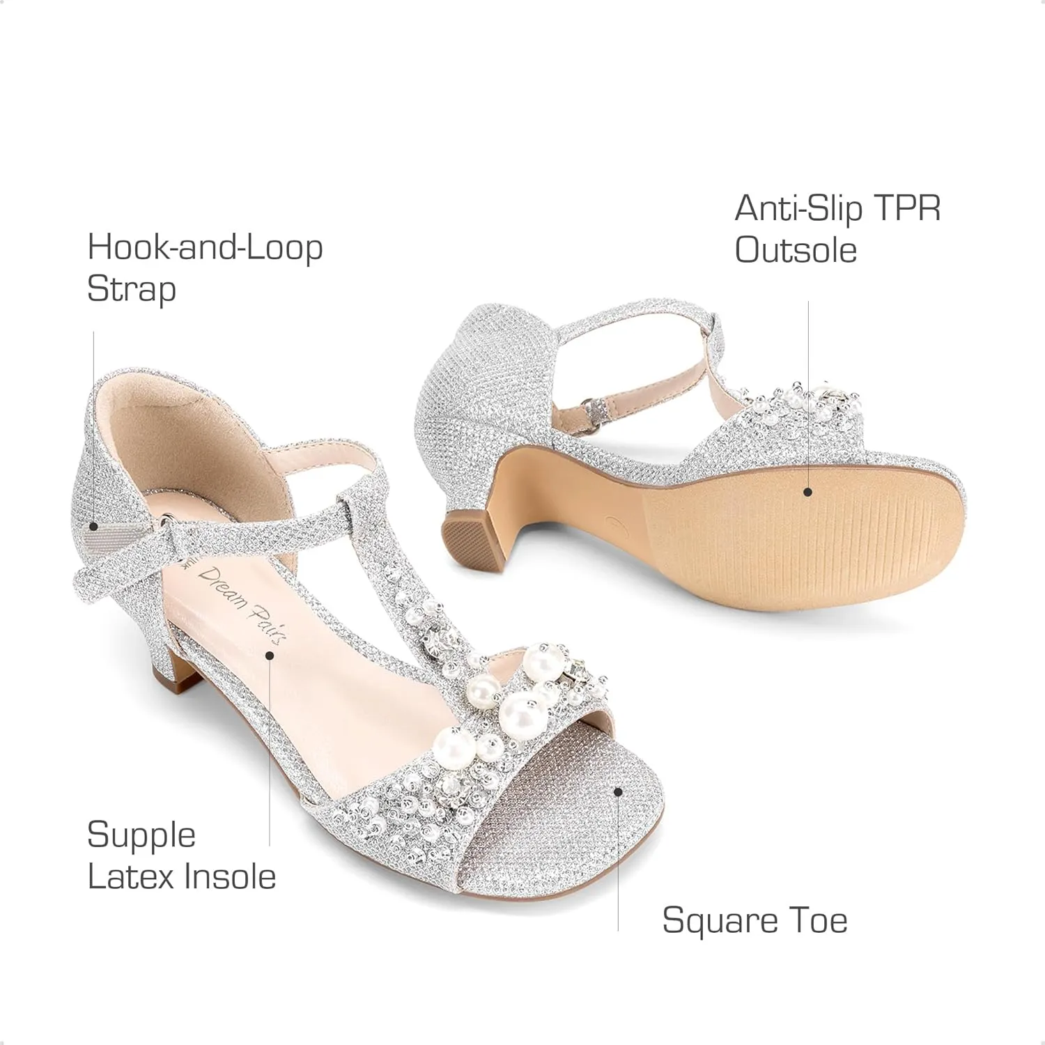 DREAM PAIRS Girls Sandals Ankle Strap T-Strap Low Heel Pearl Bow Flower Pump Dress Wedding Party Shoes for Little Kid/Big Kid