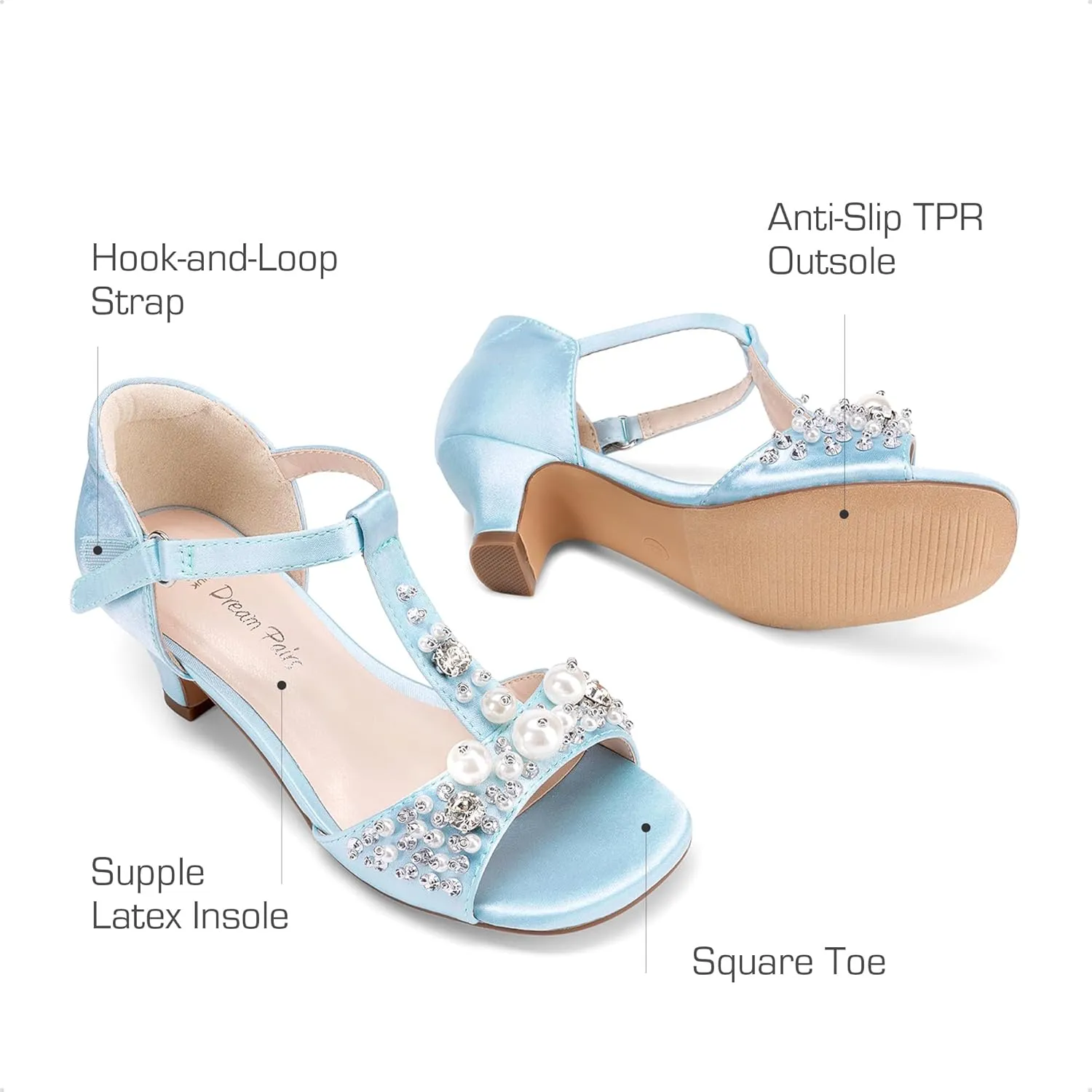 DREAM PAIRS Girls Sandals Ankle Strap T-Strap Low Heel Pearl Bow Flower Pump Dress Wedding Party Shoes for Little Kid/Big Kid