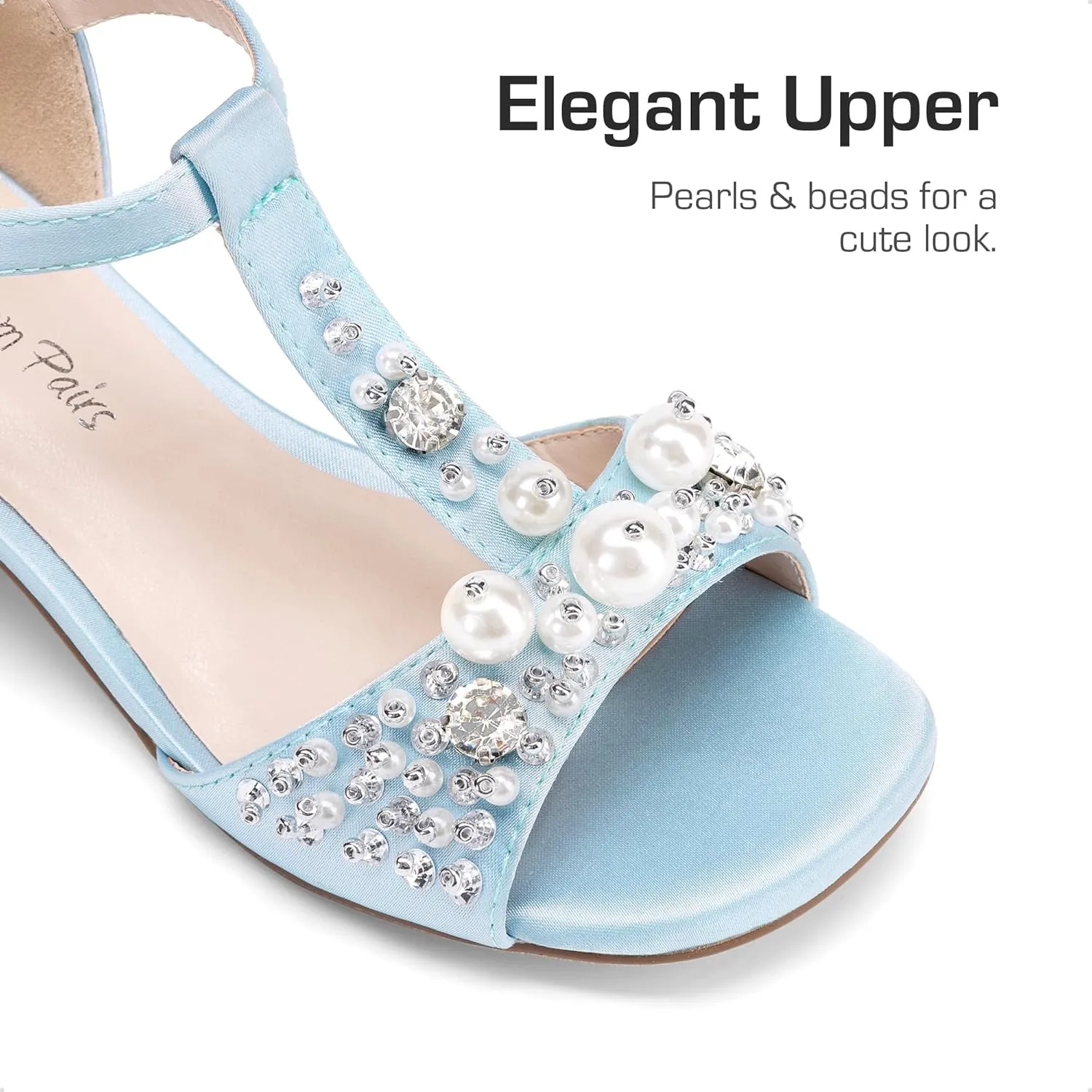 DREAM PAIRS Girls Sandals Ankle Strap T-Strap Low Heel Pearl Bow Flower Pump Dress Wedding Party Shoes for Little Kid/Big Kid