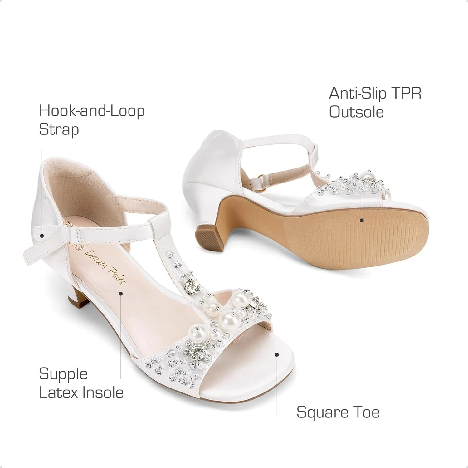 DREAM PAIRS Girls Sandals Ankle Strap T-Strap Low Heel Pearl Bow Flower Pump Dress Wedding Party Shoes for Little Kid/Big Kid