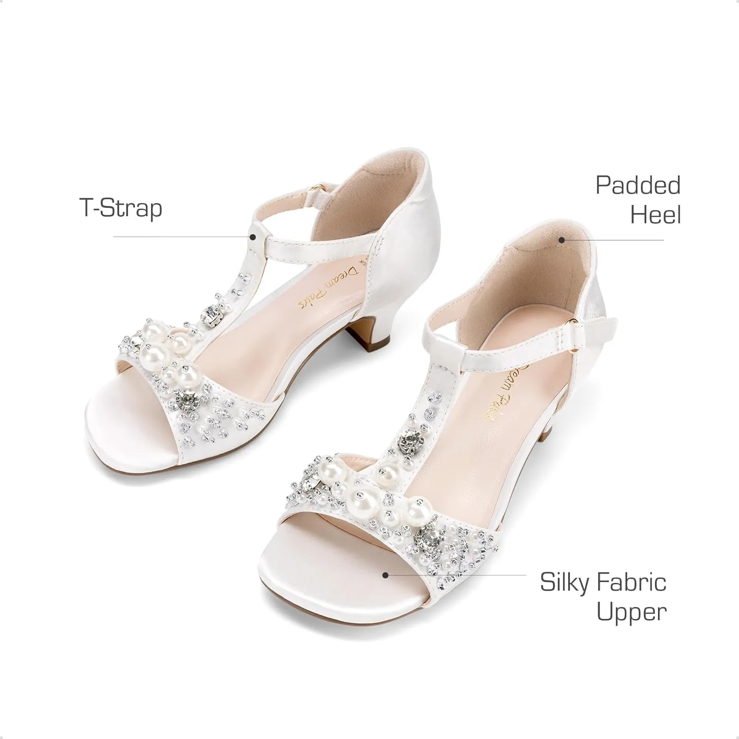DREAM PAIRS Girls Sandals Ankle Strap T-Strap Low Heel Pearl Bow Flower Pump Dress Wedding Party Shoes for Little Kid/Big Kid
