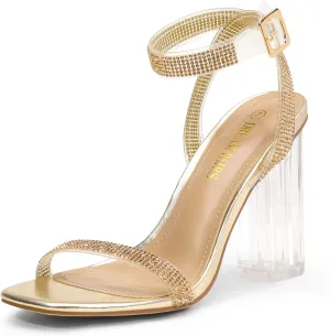 DREAM PAIRS Women's Chunky Clear High Heels Sandals, Rhinestone Ankle Strap Open Square Toe Block Heels Cute Sparkly Heels
