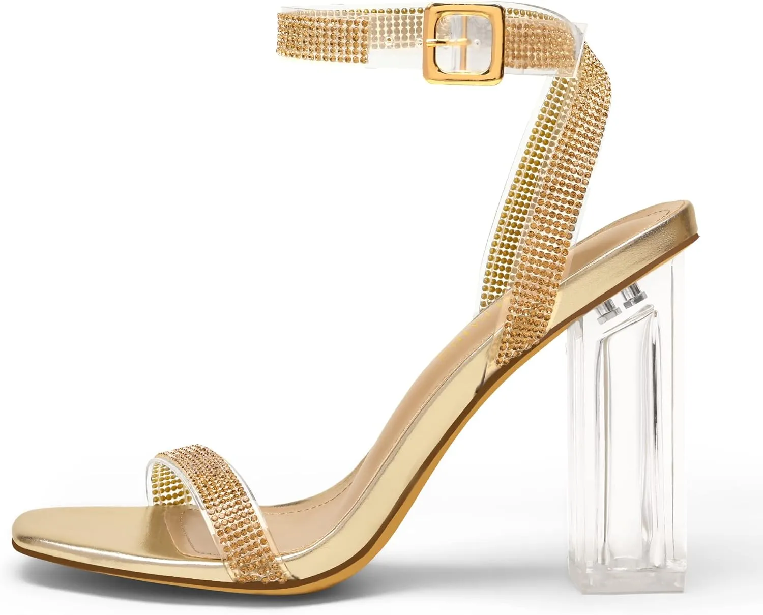 DREAM PAIRS Women's Chunky Clear High Heels Sandals, Rhinestone Ankle Strap Open Square Toe Block Heels Cute Sparkly Heels