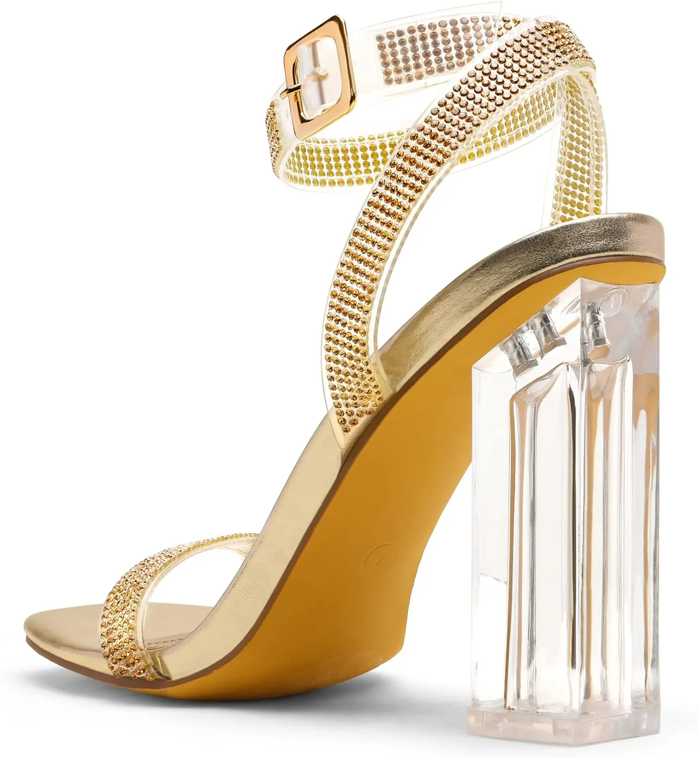 DREAM PAIRS Women's Chunky Clear High Heels Sandals, Rhinestone Ankle Strap Open Square Toe Block Heels Cute Sparkly Heels