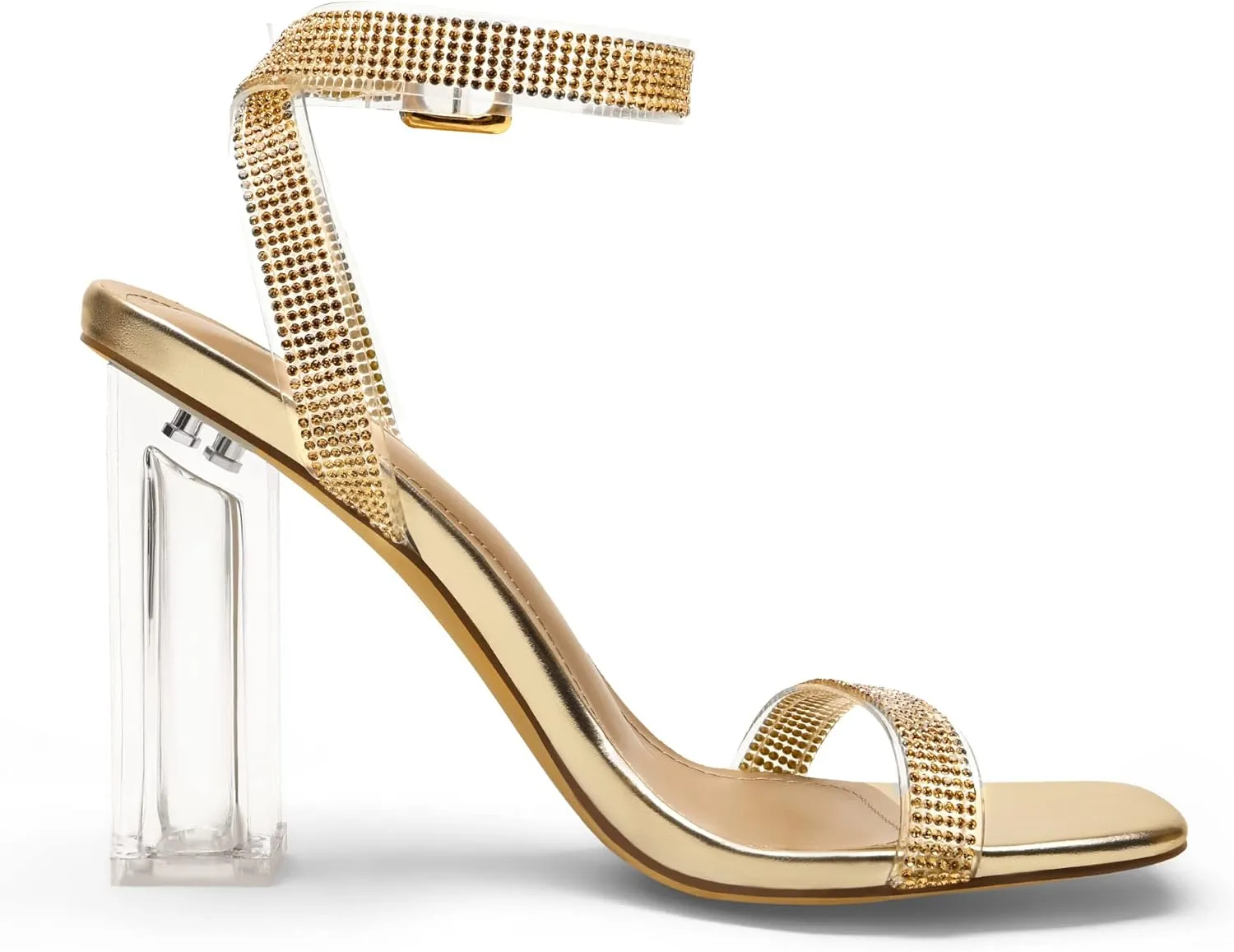 DREAM PAIRS Women's Chunky Clear High Heels Sandals, Rhinestone Ankle Strap Open Square Toe Block Heels Cute Sparkly Heels