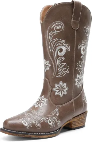 DREAM PAIRS Women's Cowboy Cowgirl Western Mid Calf Boots, Square Toe Embroidered Stitched Pull On Country Boots with Low Chunky Heel