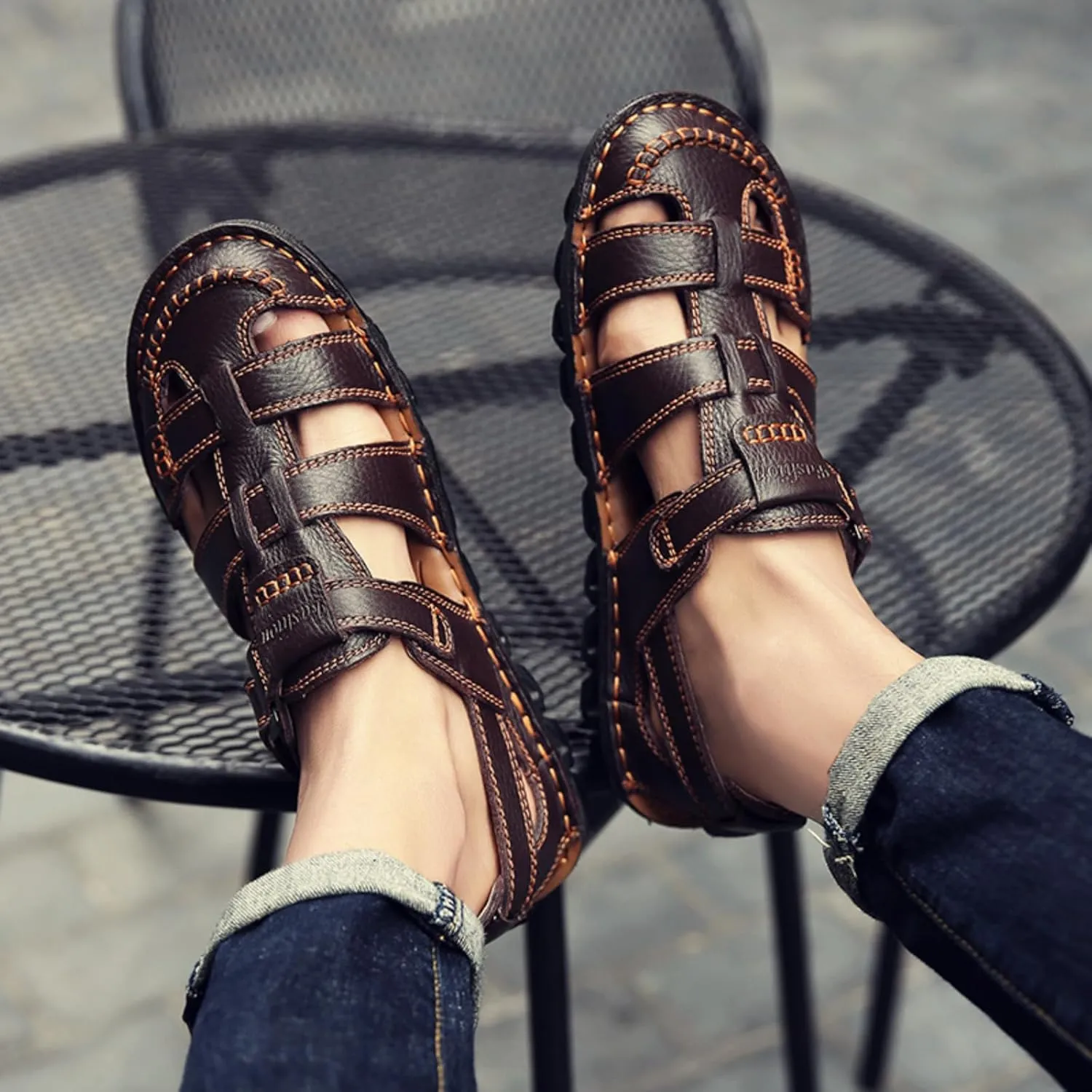 Driving Shoes Leather Sandals for Men Closed Toe Handmade Hiking Sandals for Men Breathable Mens Leather Sandals Pu