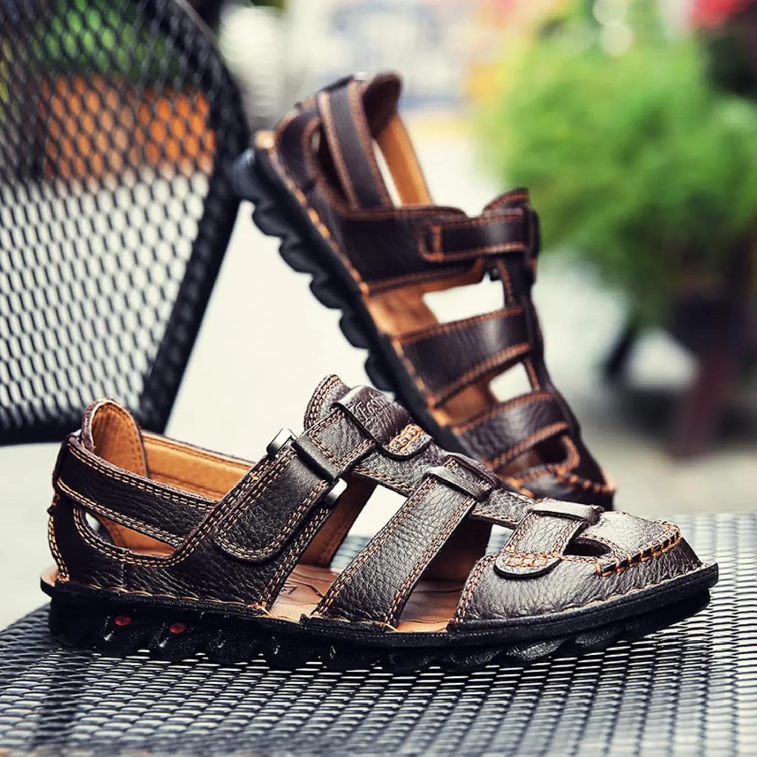 Driving Shoes Leather Sandals for Men Closed Toe Handmade Hiking Sandals for Men Breathable Mens Leather Sandals Pu