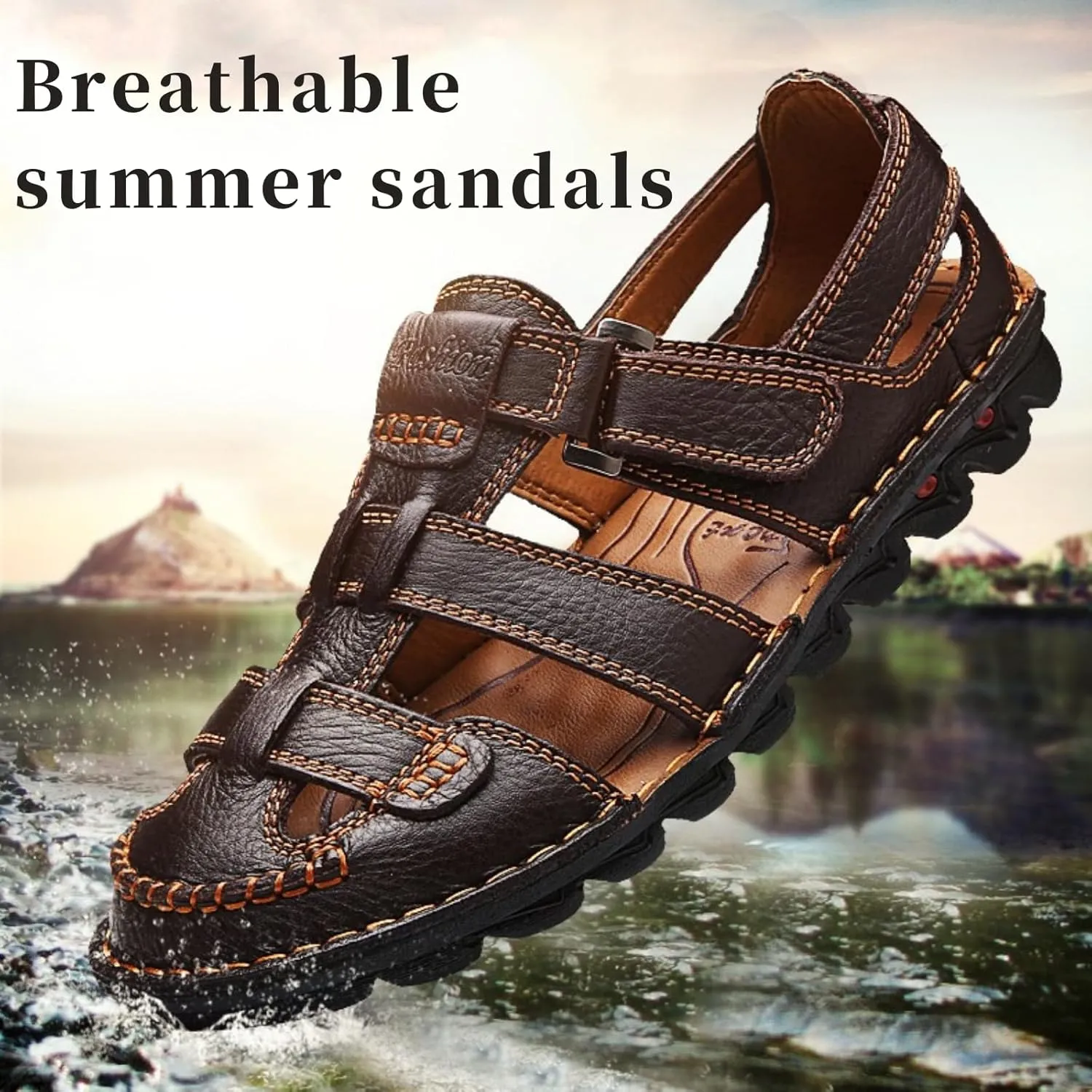 Driving Shoes Leather Sandals for Men Closed Toe Handmade Hiking Sandals for Men Breathable Mens Leather Sandals Pu