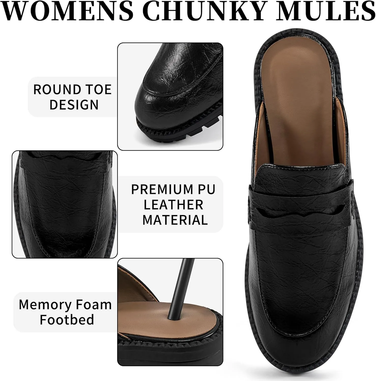 Ecetana Women Mules Comfortable Clogs Platform Chunky Slip on Backless Loafers Casual Walking Business Slide Shoes