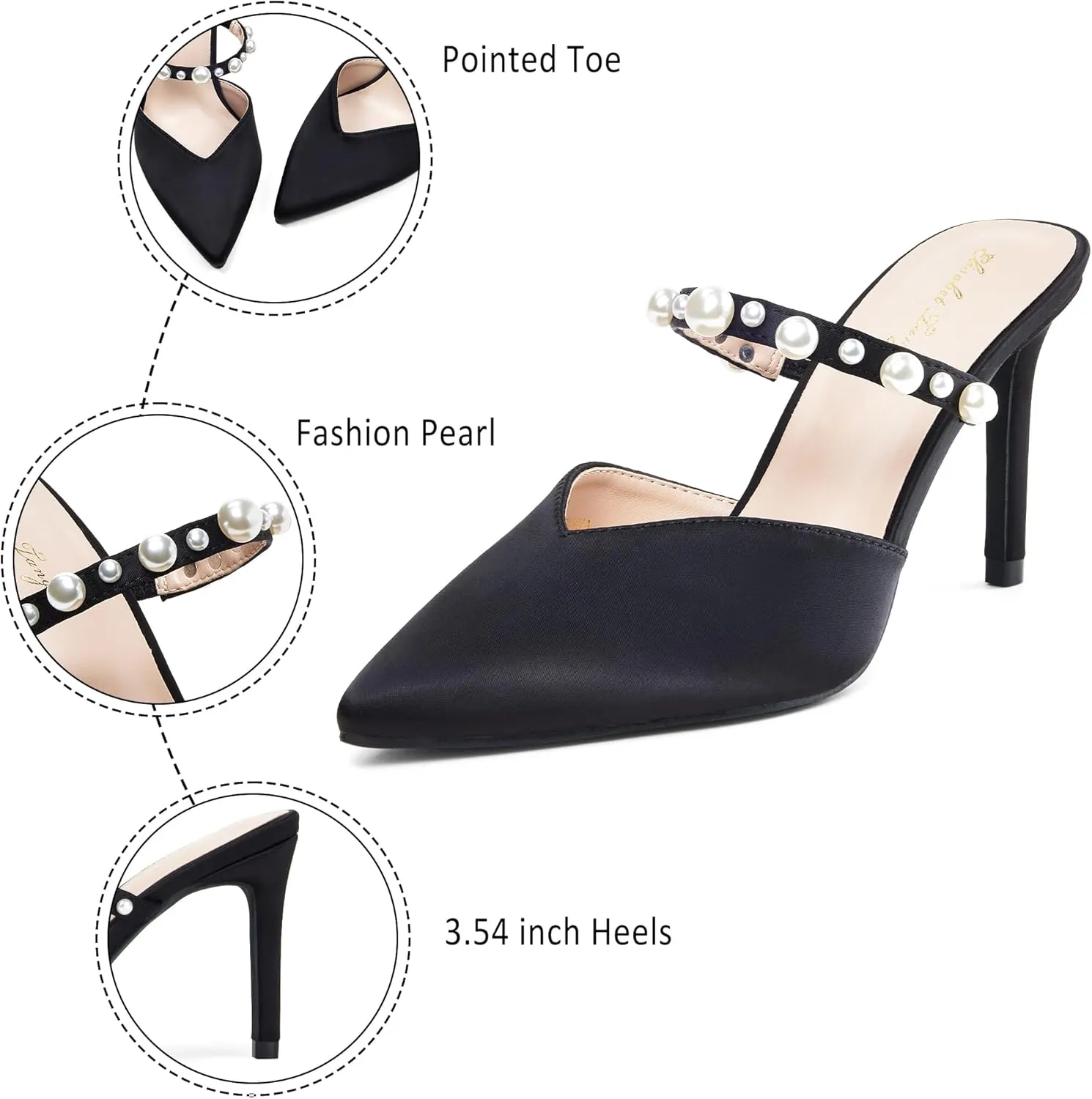 Elisabet Tang Pointed Toe Heels Sandals, 3.54 Inch Pearl Strap Satin Mules Stiletto Heels Glitter Crystal Closed Toe High Heels Backless Slip On Party Dress Daily Wear Pumps