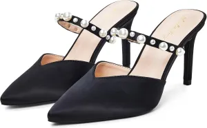 Elisabet Tang Pointed Toe Heels Sandals, 3.54 Inch Pearl Strap Satin Mules Stiletto Heels Glitter Crystal Closed Toe High Heels Backless Slip On Party Dress Daily Wear Pumps