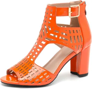 Enelauge Women's Gladiator Sandals Strappy Hollow Out Chunky High Heels Open Toe Ankle Strap Dressy Pumps with Back Zip Cutout Heeled Bohemian Summer Party Sandals