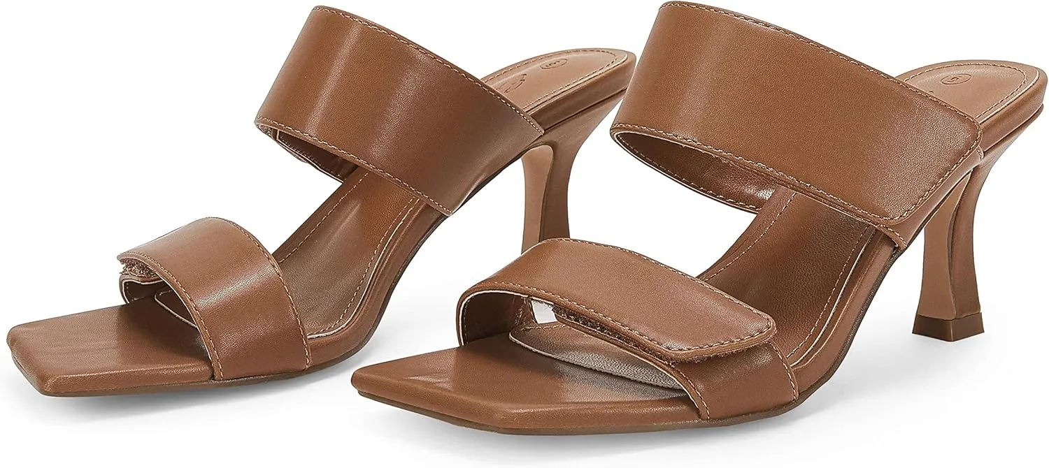 Ermonn Womens Two Strap Heeled Sandals Slip On Square Open Toe Stiletto Faux Leather Backless Mule Heels Slippers