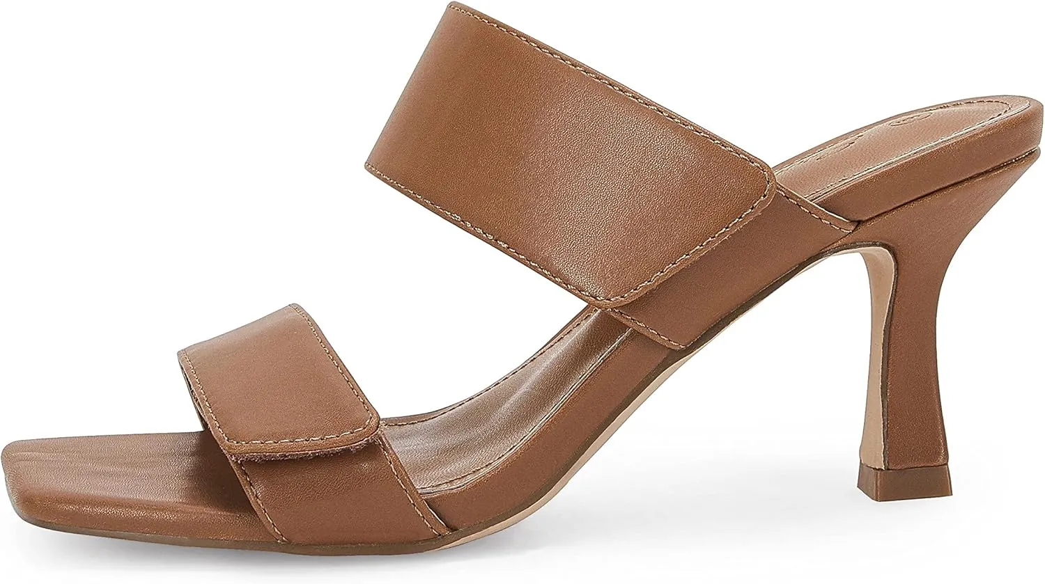 Ermonn Womens Two Strap Heeled Sandals Slip On Square Open Toe Stiletto Faux Leather Backless Mule Heels Slippers