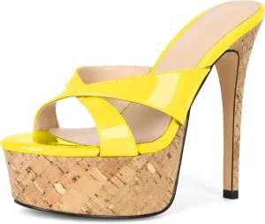 Esvowido Heeled Mules for Women Cork Platform Stiletto Heels Slip on Open Toe High Heeled Sandals Crisscross Slippers Pumps Shoes