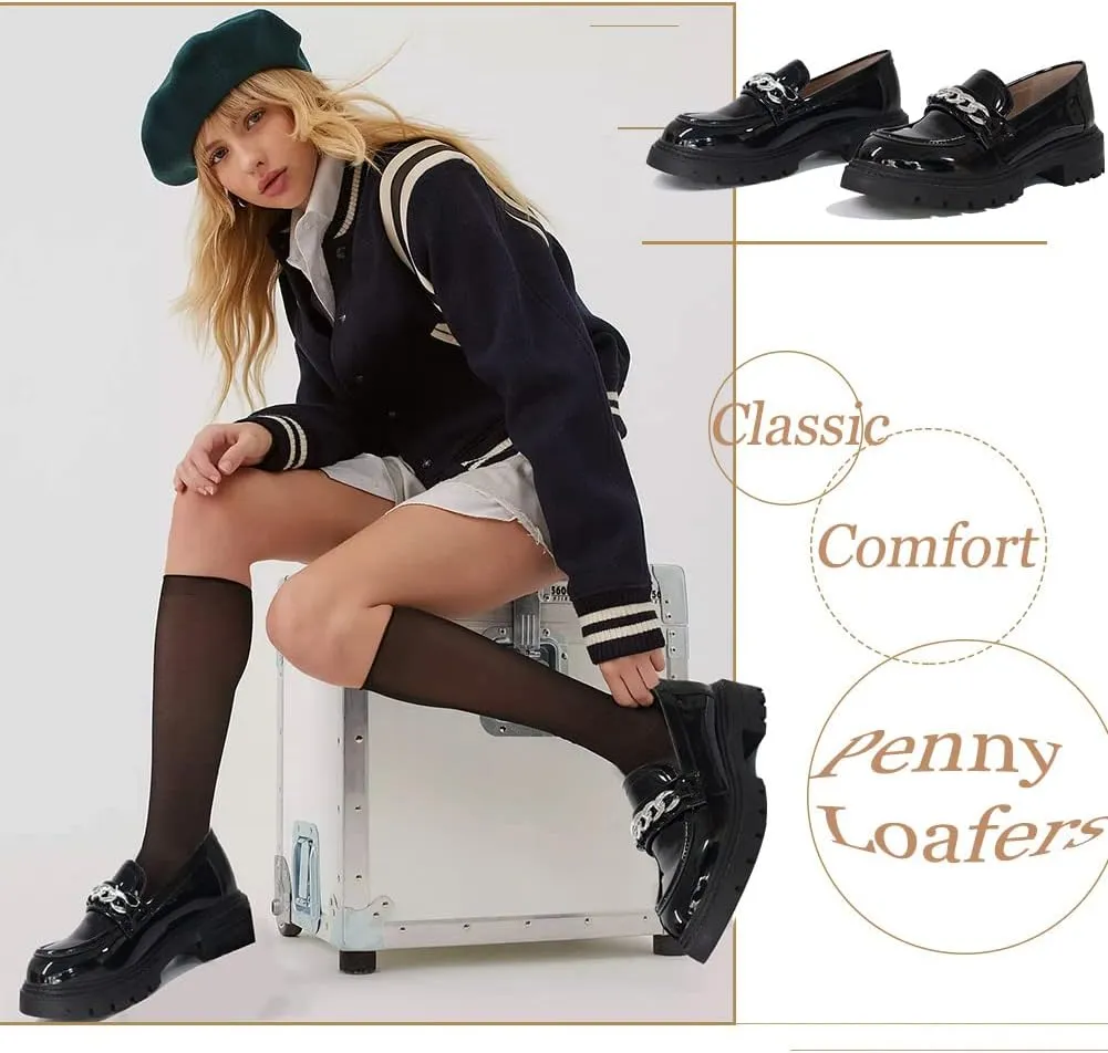 Exsiqute Platform Chunky Loafers for Women Slip-ons Lug Sole Penny Loafers Comfort Round Toe Business Casual Shoes Black