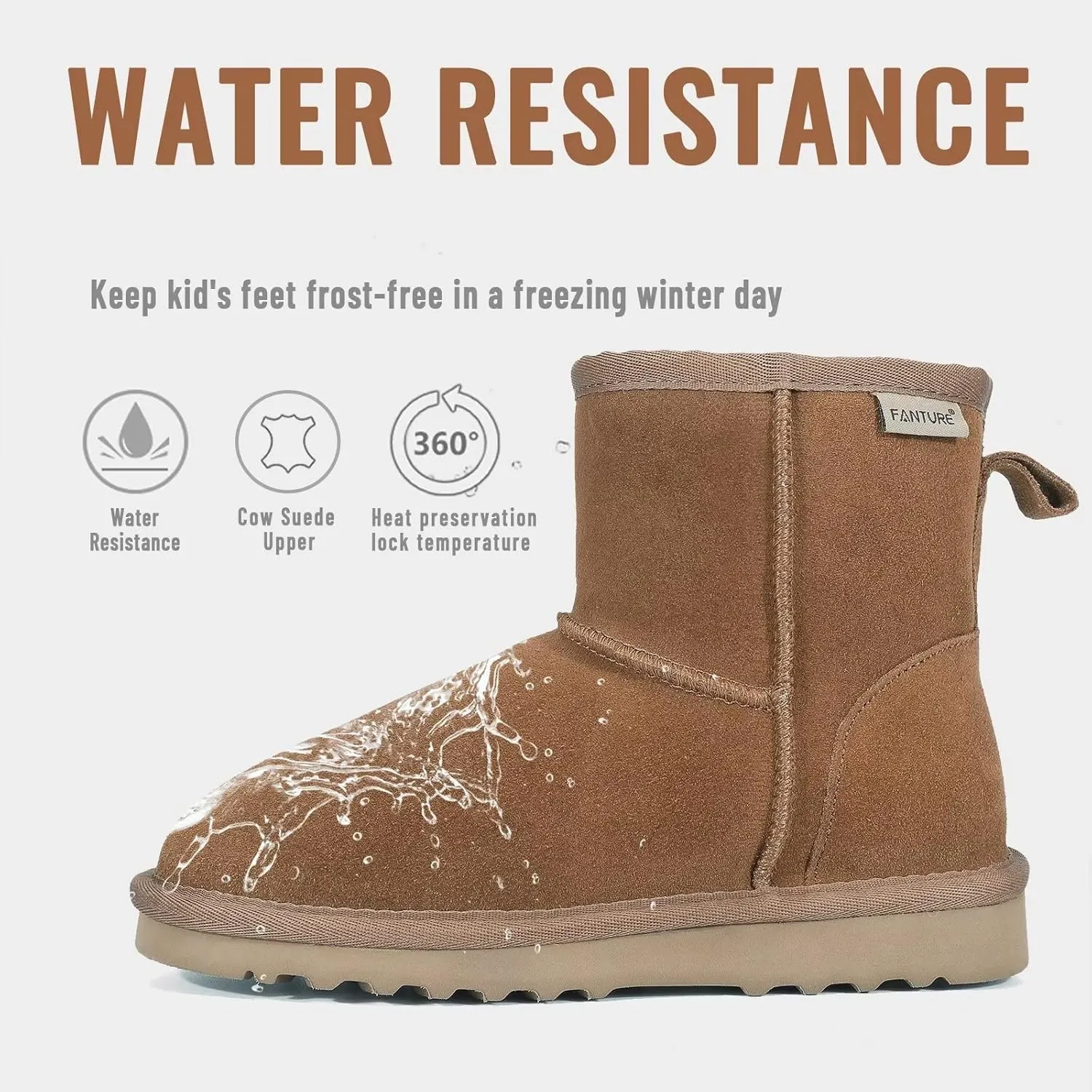 FANTURE Kids Snow Boots Boys Girls Winter Boots Cow Suede Warm Faux Fur Lined Durable Shoes(Little Kid/Big Kid)
