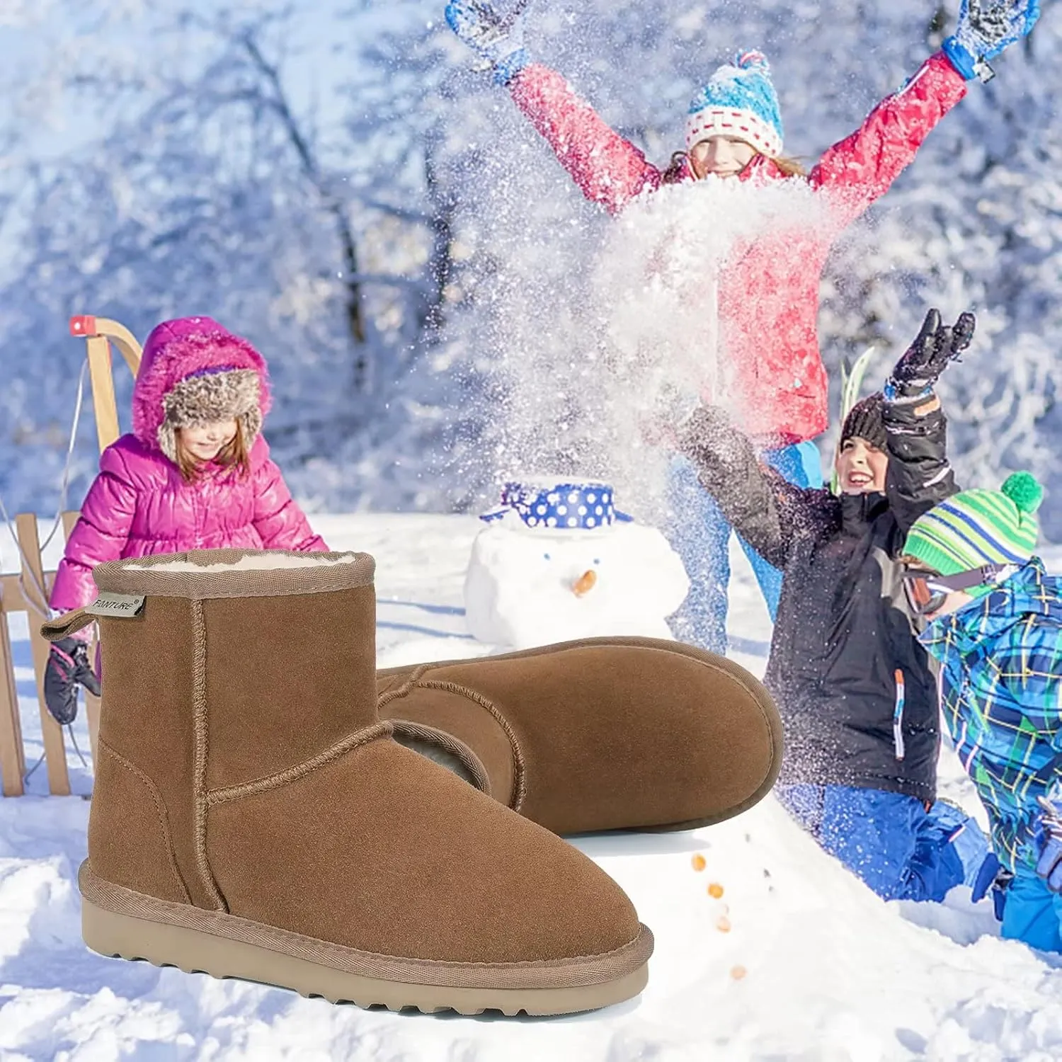 FANTURE Kids Snow Boots Boys Girls Winter Boots Cow Suede Warm Faux Fur Lined Durable Shoes(Little Kid/Big Kid)