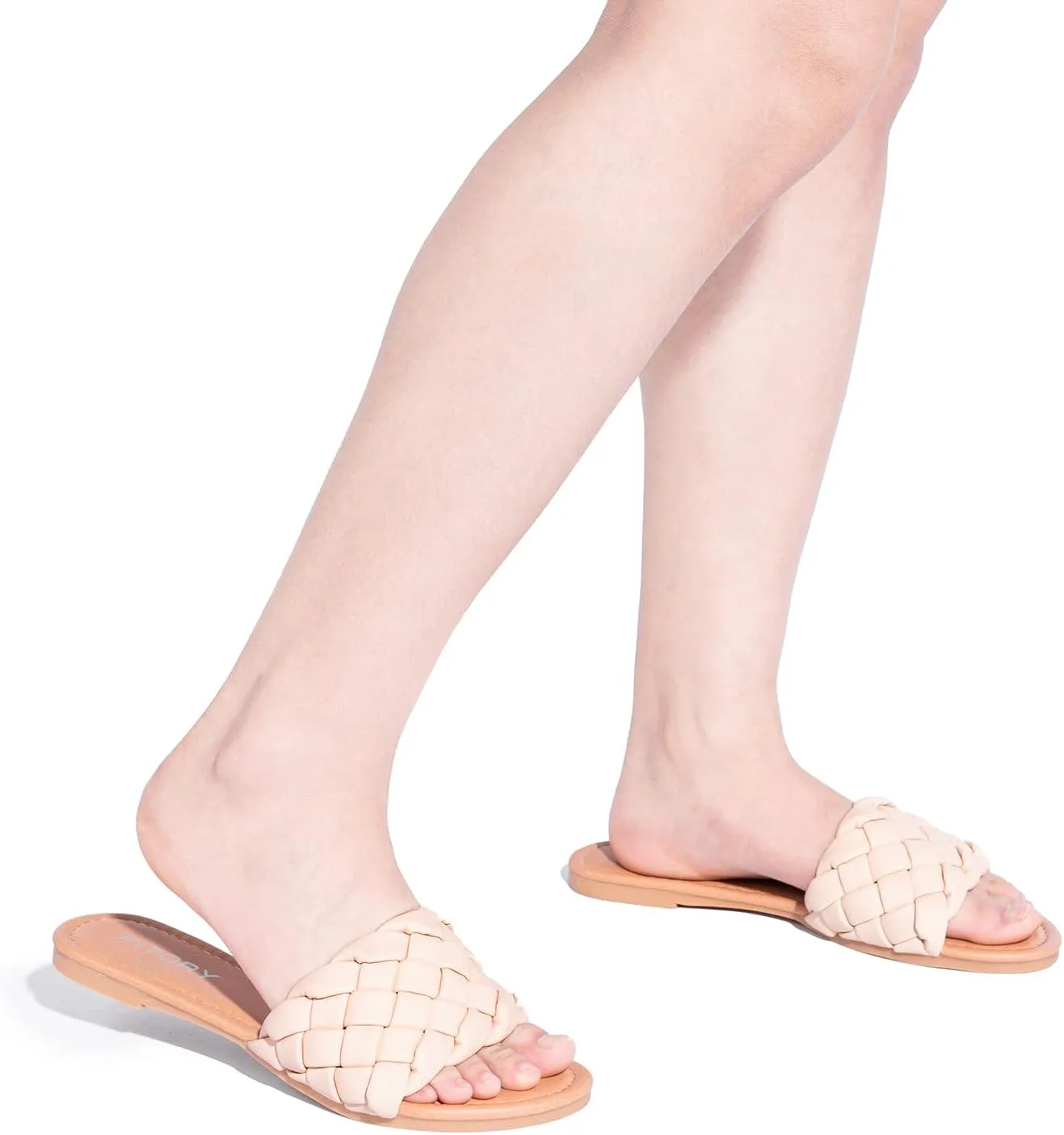 FITORY Womens Flat Sandals Fashion Round Open Toe Slip On Slides with Braided Strap Slippers for Summer Size 6-11