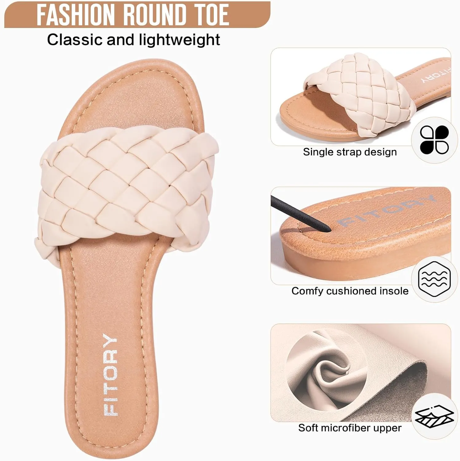 FITORY Womens Flat Sandals Fashion Round Open Toe Slip On Slides with Braided Strap Slippers for Summer Size 6-11