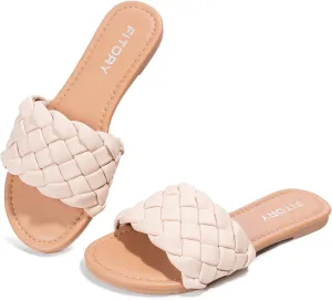 FITORY Womens Flat Sandals Fashion Round Open Toe Slip On Slides with Braided Strap Slippers for Summer Size 6-11