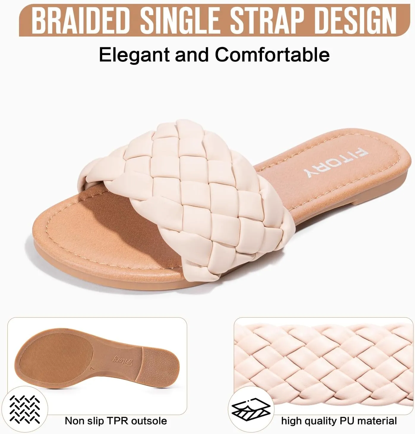 FITORY Womens Flat Sandals Fashion Round Open Toe Slip On Slides with Braided Strap Slippers for Summer Size 6-11
