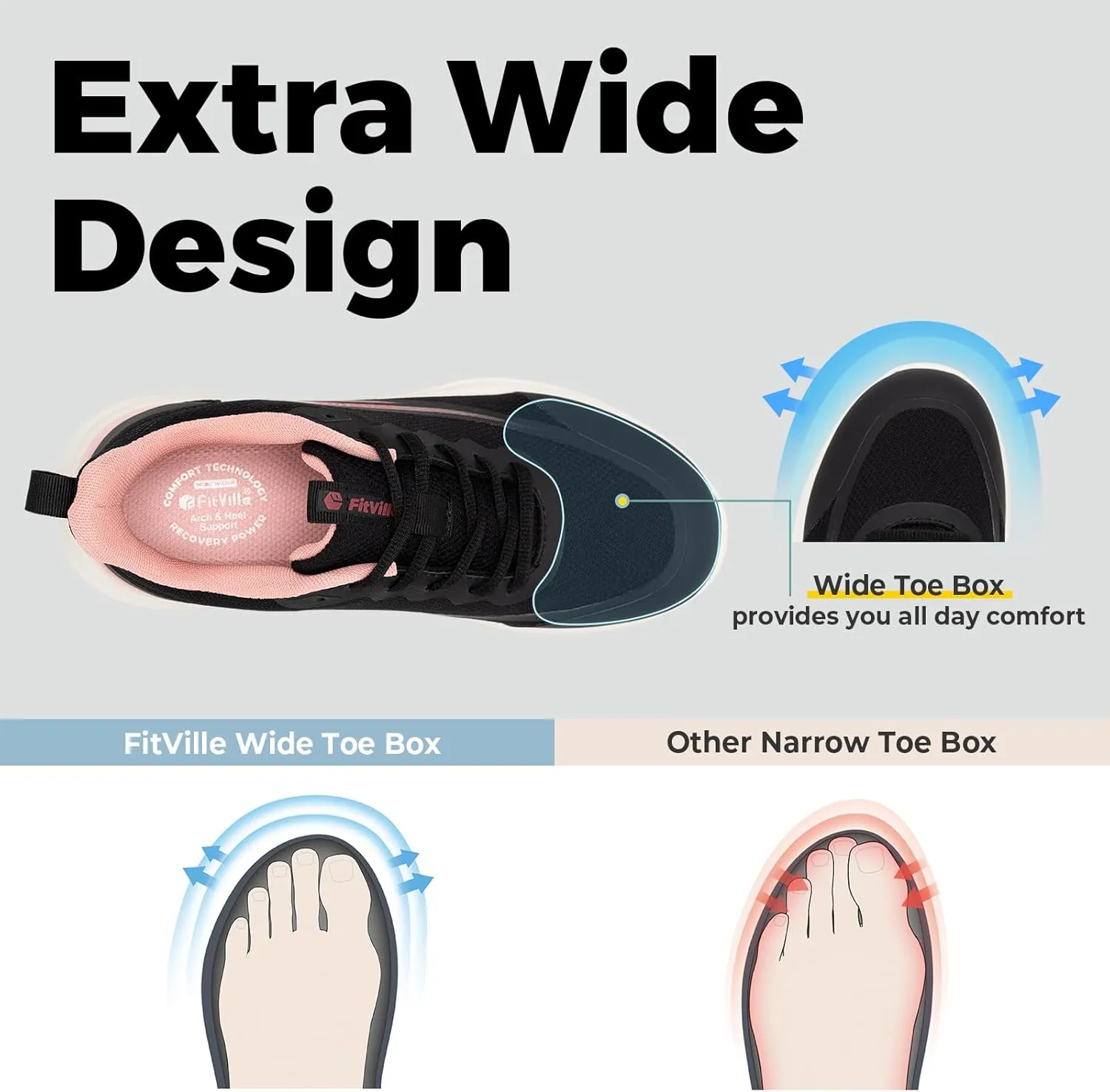 FitVille Wide Width Sneakers for Women Extra Wide Cross Training Shoes Athletic Shoes Workout Gym Shoes with Arch Support