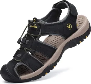 FLARUT Men's Sport Sandals Outdoor Hiking Sandals Closed Toe Leather Athletic Lightweight Trail Walking Casual Sandals Water Shoes