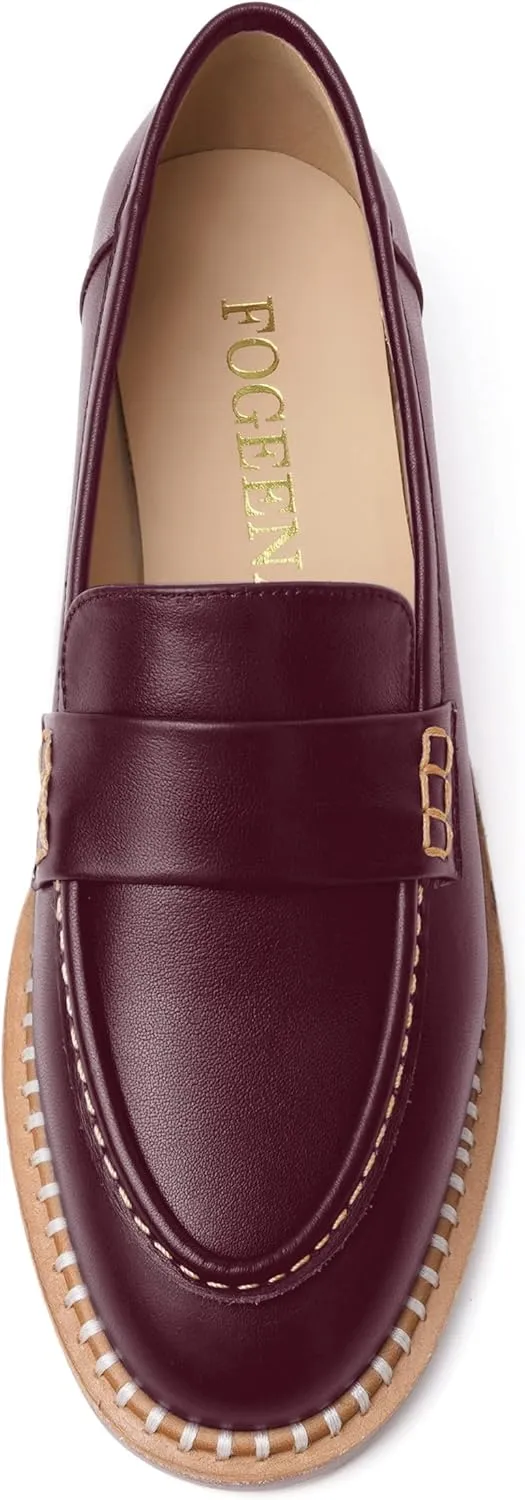 FOGEENA Womens Penny Matte Leather Casual Slip On Round Toe Work Chunky Low Heel Loafers Dress Shoes 1 Inch