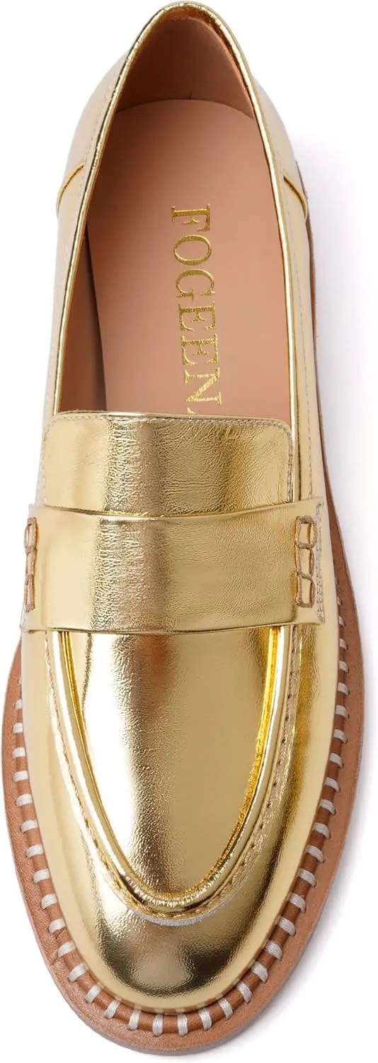 FOGEENA Womens Penny Matte Leather Casual Slip On Round Toe Work Chunky Low Heel Loafers Dress Shoes 1 Inch