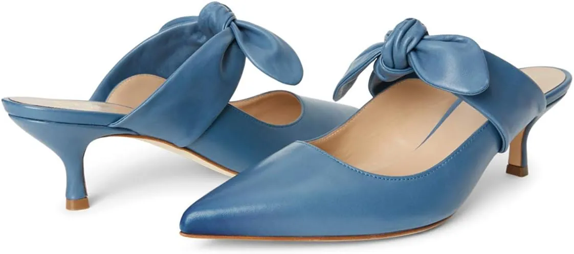 FOWT Pointed Toe Slip On Mules with Bow, Low Kitten Heel Backless Burnished Dress Sandals for Women Slipper Loafer Vintage Classics Comfy 4-16 M US