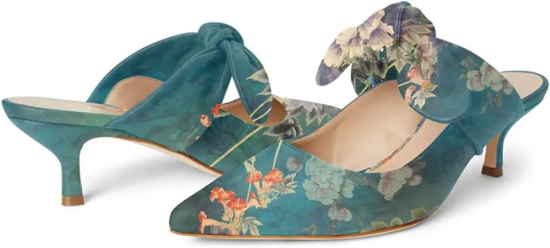 FOWT Pointed Toe Slip On Mules with Bow, Low Kitten Heel Backless Burnished Dress Sandals for Women Slipper Loafer Vintage Classics Comfy 4-16 M US