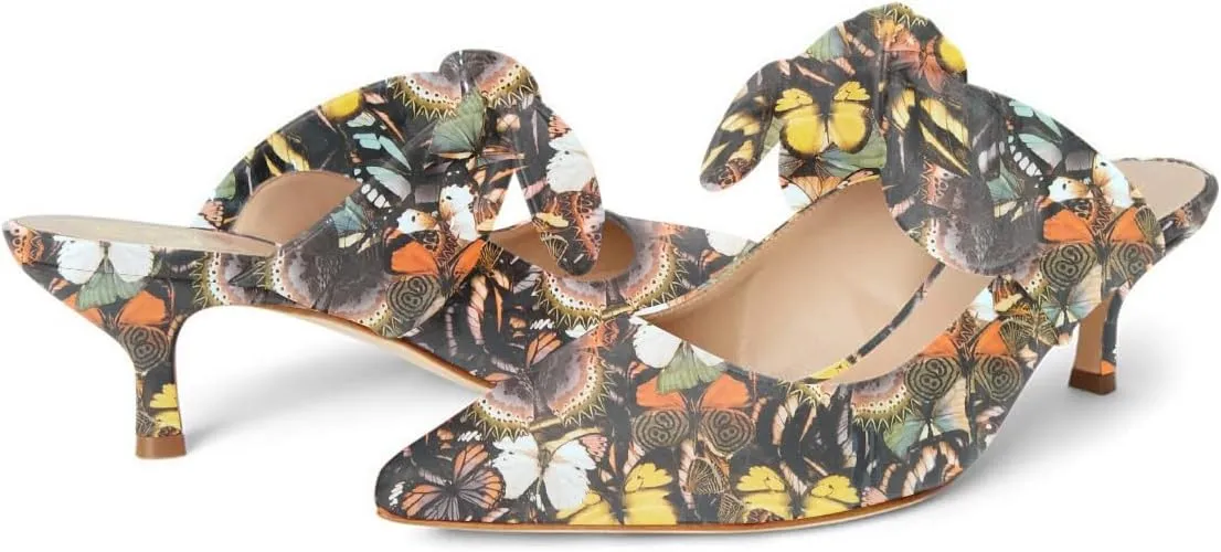 FOWT Pointed Toe Slip On Mules with Bow, Low Kitten Heel Backless Burnished Dress Sandals for Women Slipper Loafer Vintage Classics Comfy 4-16 M US