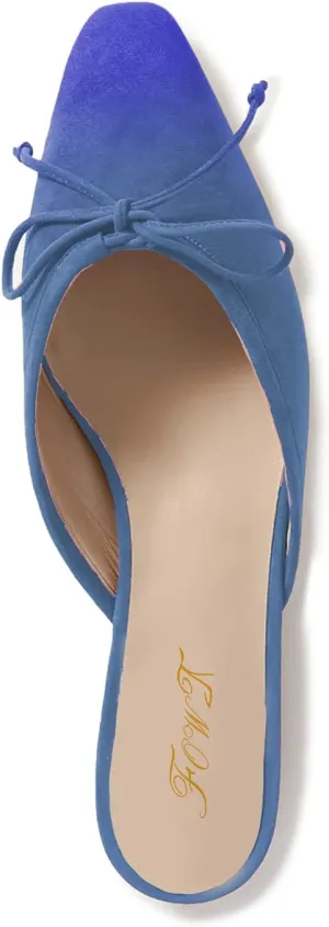 FOWT Women Low Heel Closed Almond Toe Slingback Mules,Two Toned Bow Knot Suede Slippers,Slip on Leisure Ladies Flats for Indoor Dating and Vacation,4-16 US Size