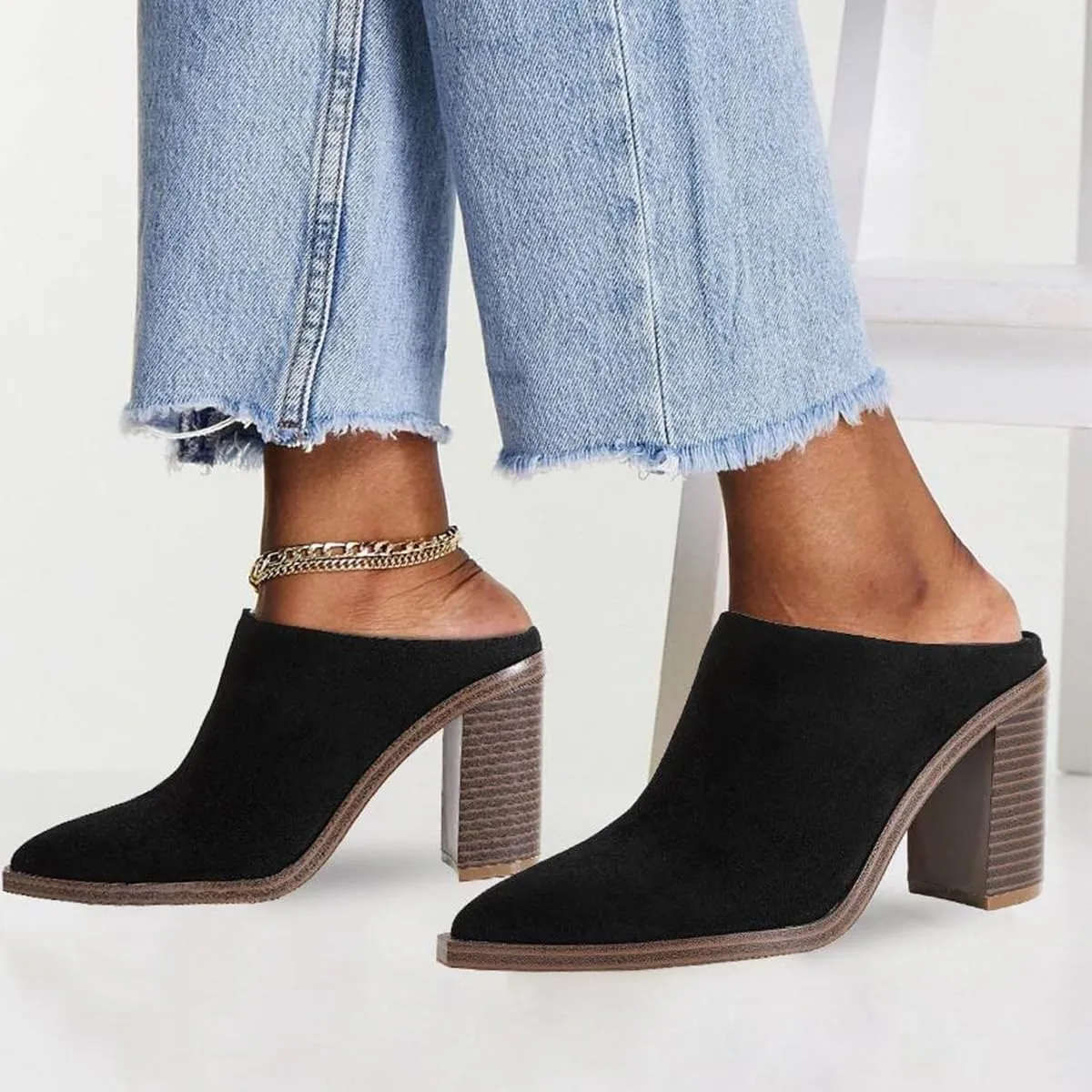 FOWT Women Pointed Toe Slip On Mules Stacked Block High Heel Sandal Comfortable Daily Party Nightclub Proms Shoes Size 4-16 US