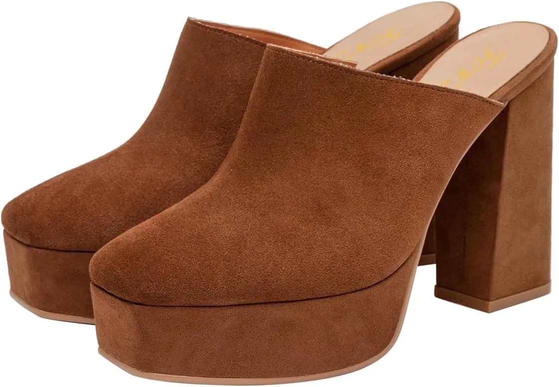 FOWT Women Square Toe Chunky High Heel Platform Mules Slip On Comfy Insole Fashion Slipper Shoes Size 4-16 US