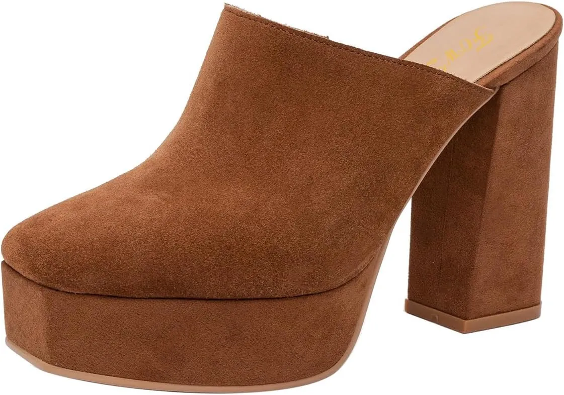 FOWT Women Square Toe Chunky High Heel Platform Mules Slip On Comfy Insole Fashion Slipper Shoes Size 4-16 US