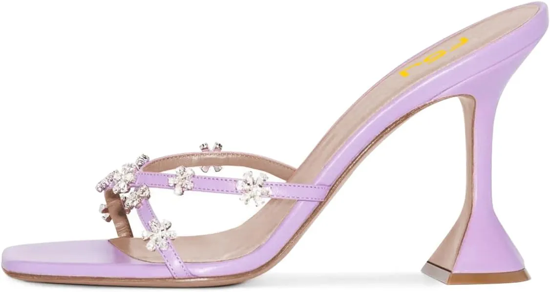 FSJ Women Gorgeous Cross Strap with Flower Decoration Open Toe Mules High Heel Slip On Summer Ladies Casual Slide Sandal Shoes Size 4-15 US