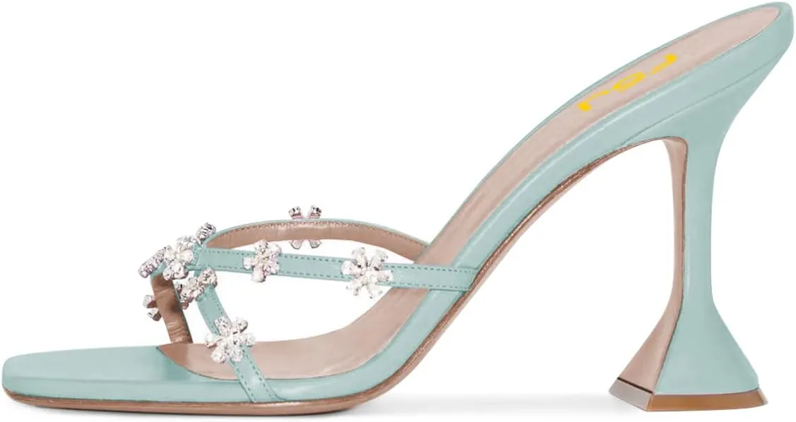 FSJ Women Gorgeous Cross Strap with Flower Decoration Open Toe Mules High Heel Slip On Summer Ladies Casual Slide Sandal Shoes Size 4-15 US