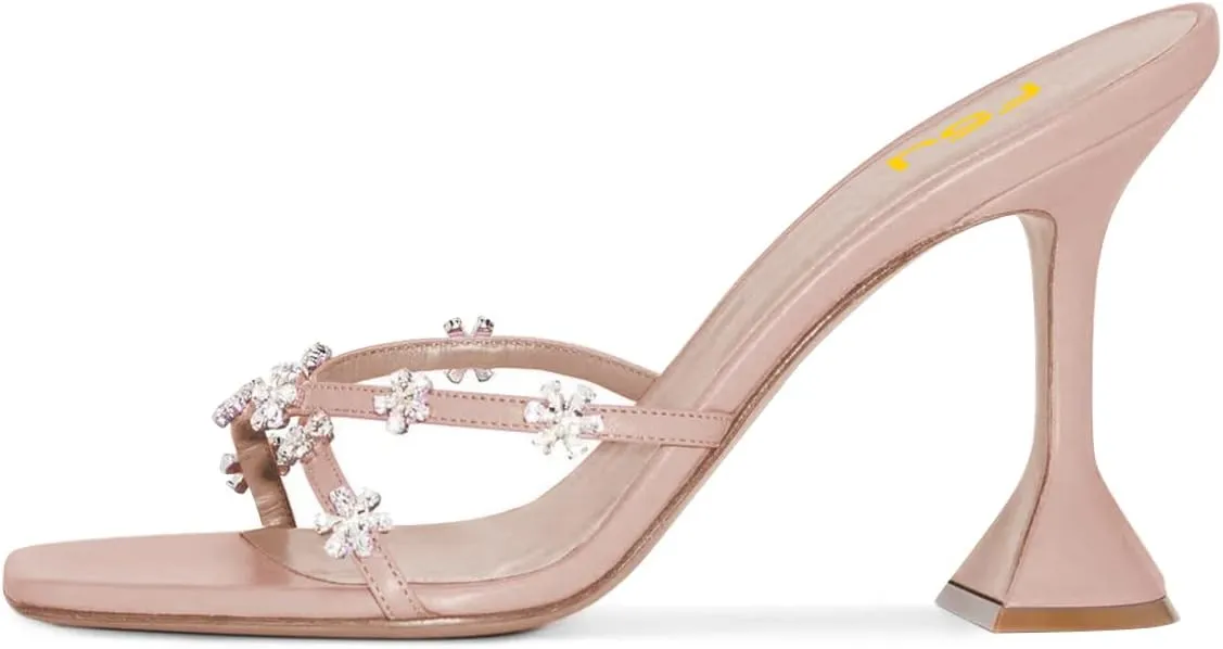 FSJ Women Gorgeous Cross Strap with Flower Decoration Open Toe Mules High Heel Slip On Summer Ladies Casual Slide Sandal Shoes Size 4-15 US