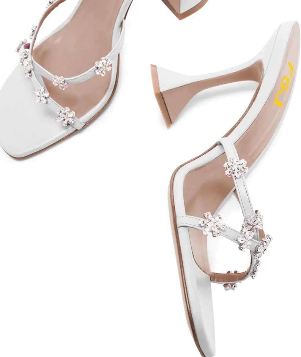 FSJ Women Gorgeous Cross Strap with Flower Decoration Open Toe Mules High Heel Slip On Summer Ladies Casual Slide Sandal Shoes Size 4-15 US