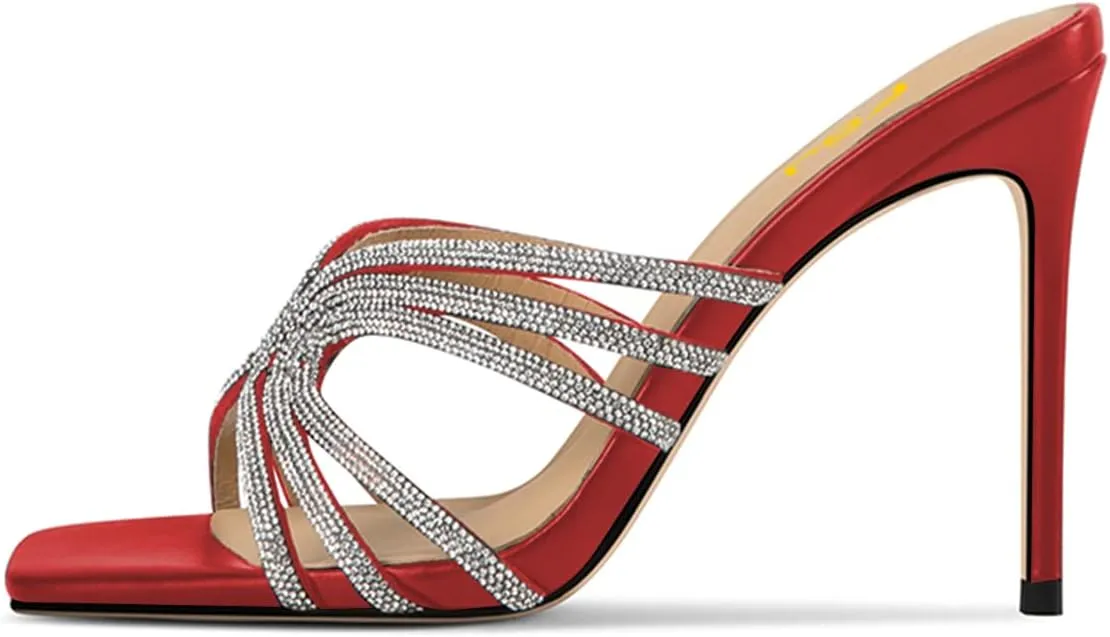 FSJ Women Sexy Shiny Strap Open Toe Stiletto High Heel Mules Fashion Slip On Summer Causal Sandal Slide Shoes Size 4-15 US