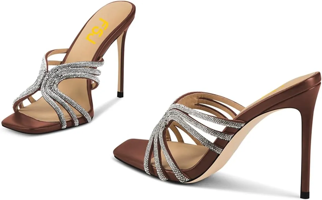 FSJ Women Sexy Shiny Strap Open Toe Stiletto High Heel Mules Fashion Slip On Summer Causal Sandal Slide Shoes Size 4-15 US