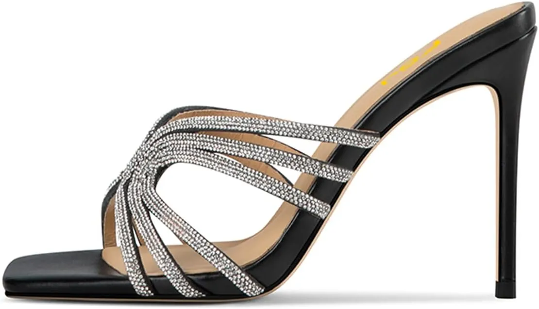 FSJ Women Sexy Shiny Strap Open Toe Stiletto High Heel Mules Fashion Slip On Summer Causal Sandal Slide Shoes Size 4-15 US