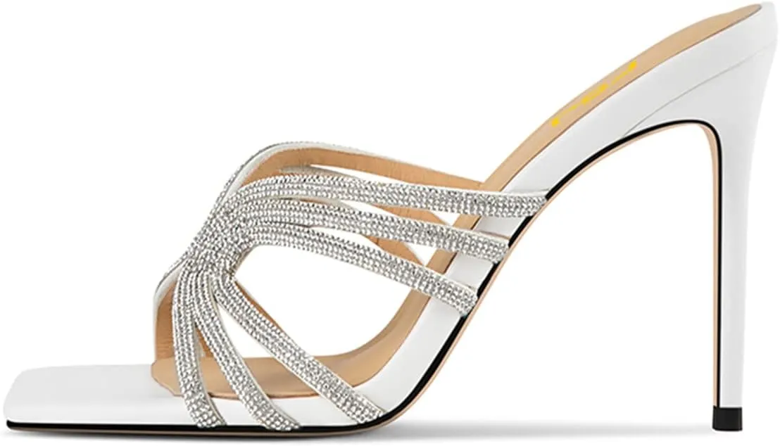 FSJ Women Sexy Shiny Strap Open Toe Stiletto High Heel Mules Fashion Slip On Summer Causal Sandal Slide Shoes Size 4-15 US