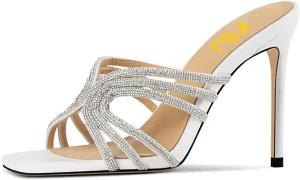 FSJ Women Sexy Shiny Strap Open Toe Stiletto High Heel Mules Fashion Slip On Summer Causal Sandal Slide Shoes Size 4-15 US