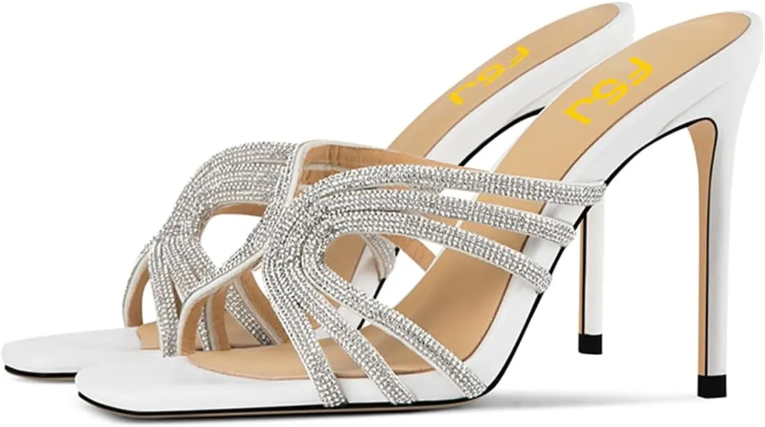 FSJ Women Sexy Shiny Strap Open Toe Stiletto High Heel Mules Fashion Slip On Summer Causal Sandal Slide Shoes Size 4-15 US